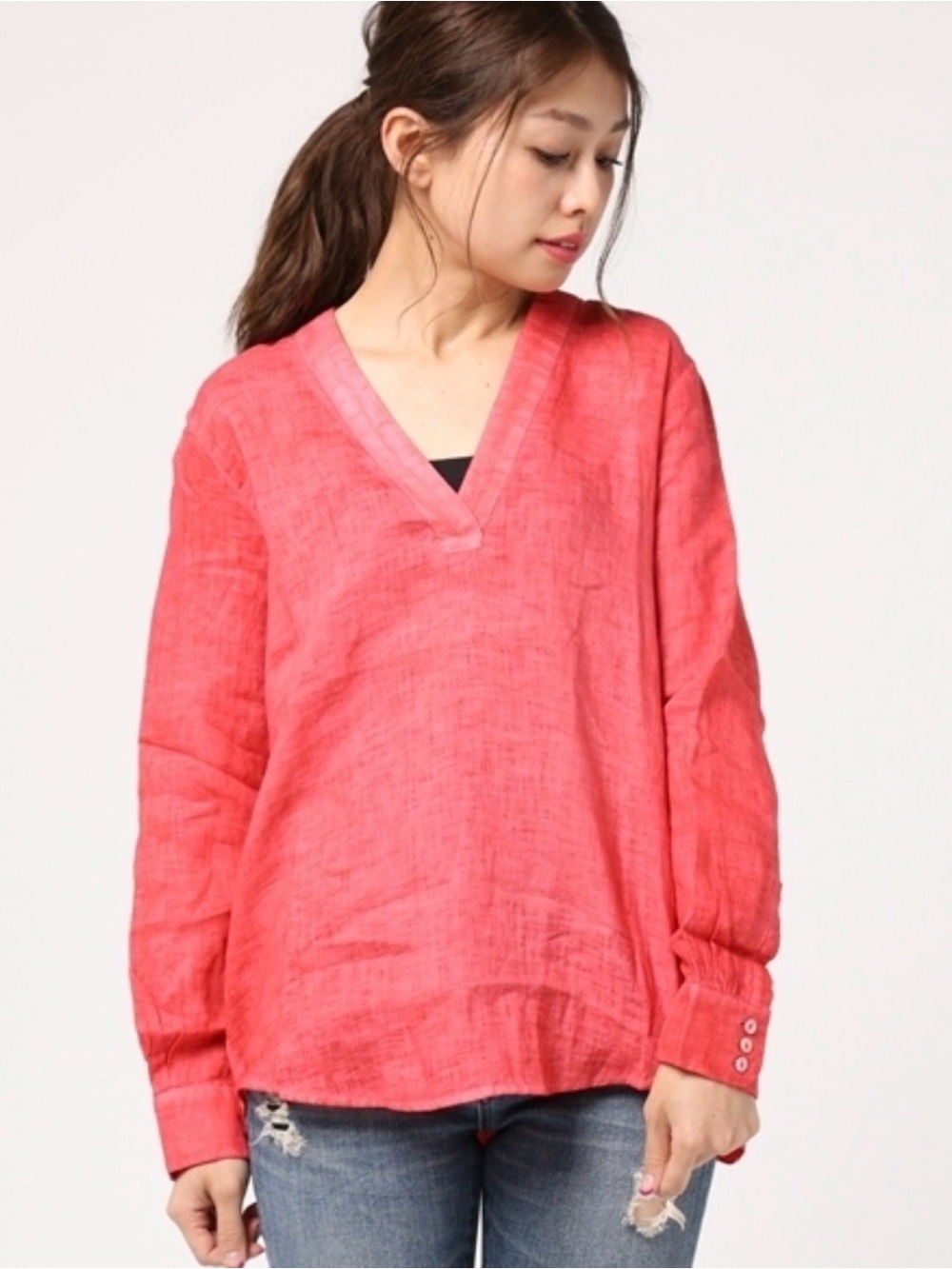 NEW 120% Lino Fine Italian Linen Coral Long-Sleeve Top Sz IT44/US 8